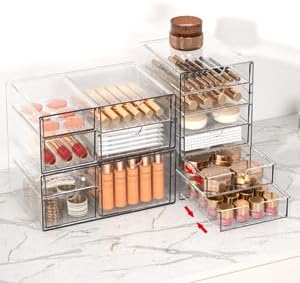 DOMNIU Acrylic Makeup Drawer Storage Organizer with 13 Drawers, 3 Set | Office Desk Organization and Storage, Dustproof Drawer Organizer for Makeup, Countertop, Jewelry, Desktop, Bathroom, Bedroom
