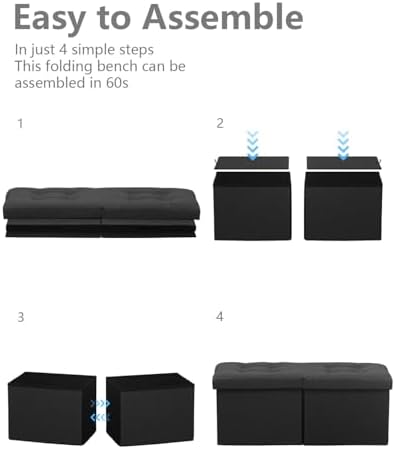 AmasSmile Footrest Ottoman Storage Bench, 34" Linen Folding Stool, Black | Large Ottoman with Storage, Thicker Foam Padded Seat, Livingroom, Dorm, Bedroom, Entryway, Easy to install, 34 x 13 x 13in