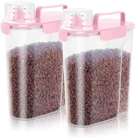 5-7LBS/6Qt Dog Cat Storage Container Portable with Upgraded Large Spout and Cup, Plastic Pet Food Dispenser for Small Animal Kibble, Bird Seed, Oatmeal, Rice, Flour, Brown Sugart-2 pack Smoky Pink