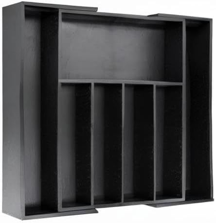 VaeFae Bamboo Drawer Organizer, Large, Black | Cutlery Drawer Holder, Drawer Divider for Silverware, Flatware,43 cm D x 32-55 cm W, 5-7 Slots, Black
