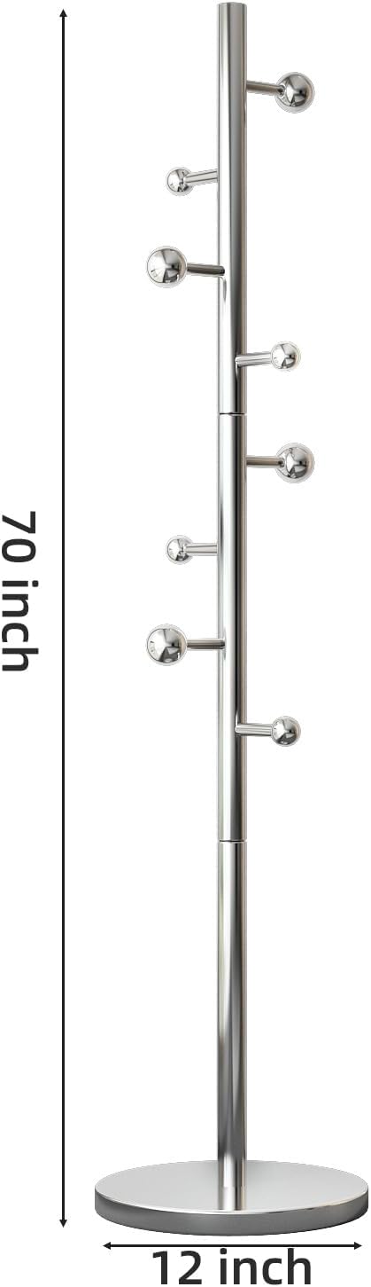 Coat Rack Freestanding Coat Tree with 8 Hooks Coat Rack Stand,Silver | Heavy Duty Metal Coat Hanger Stand for Jacket Hat Clothes Bag Stainless Steel Hall Tree Hat Rack for Entryway Bedroom Hallway