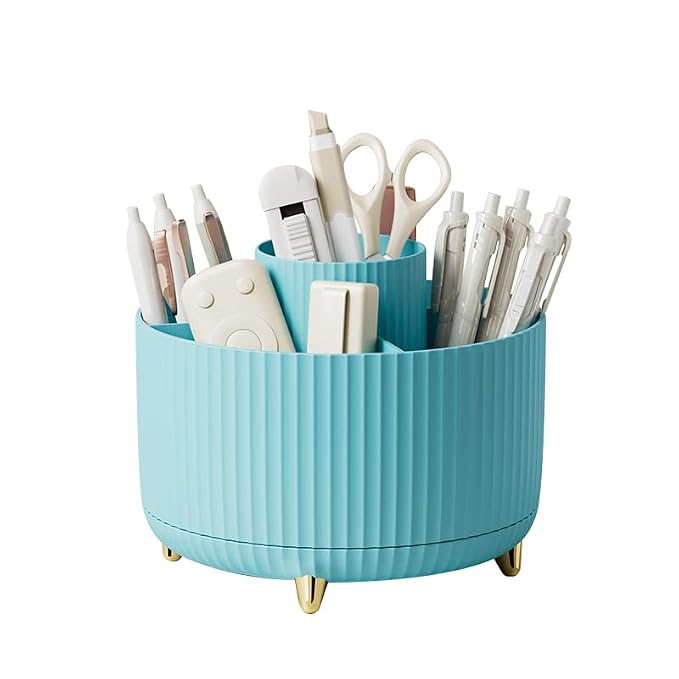 Diesisa 360 Rotating Makeup Brush Organizer With 5 Sections, Spining Countertop Swivel Makeup Brush Holder for Cosmetics, Nail Polish, Art Supply, Bathroom Vanity Desktop Organizer - Blue