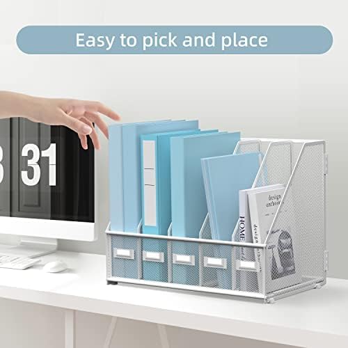 SUPEASY Desk Organizers Metal Desk Magazine File Holder with 5 Vertical Compartments Rack File Organizer for Office Desktop, Home Workspace, White (Pack of 2)