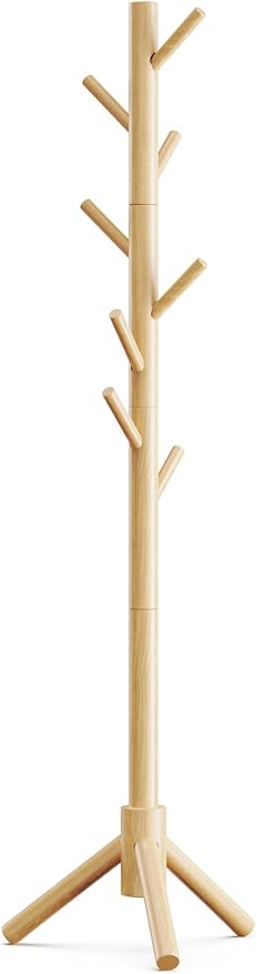 Pipishell Solid Wooden Coat Rack Freestanding, Hall Tree with 8 Hooks, 3 Height Options for Coats, Hats, Handbags, and Scarves, Tool-Free Assembly, Space Saving Design for Entryway, Office, Bedroom