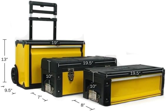 Portable Tool Box on Wheels - Stackable 3-in-1 Chest for Workshops and Craft Rooms - Foldable Comfort Handle and Latches by Stalwart (Black/Yellow)