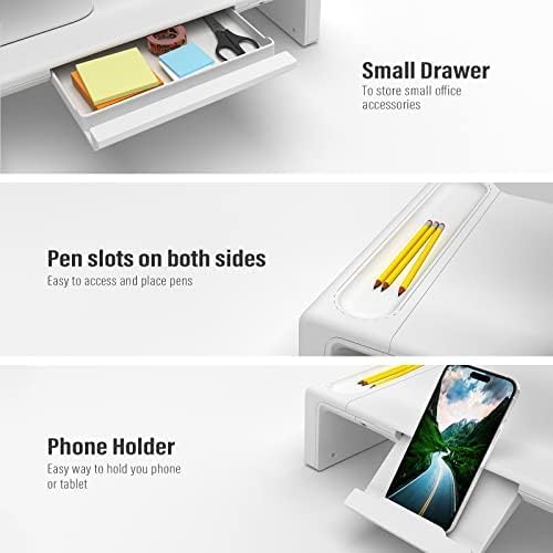 OImatser Monitor Stand Riser with USB 3.0 Hub & Type-C Port, Foldable Adjustable Computer Stand with Storage Drawer, Pen Slot & Phone Holder, Space Saving Laptop Stand for Home Office Desk Organization (White-3.0 HUB-Adapter)