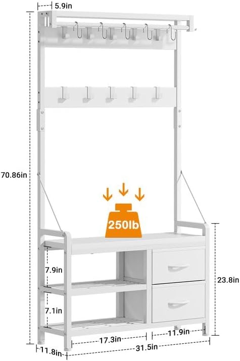 Hall Tree with Bench and Shoe Storage, 31.5” Coat Rack Freestanding | White, 5 in 1 Intelligent Design, 17 Hooks, 2 Drawers, Handy Clothes Rail