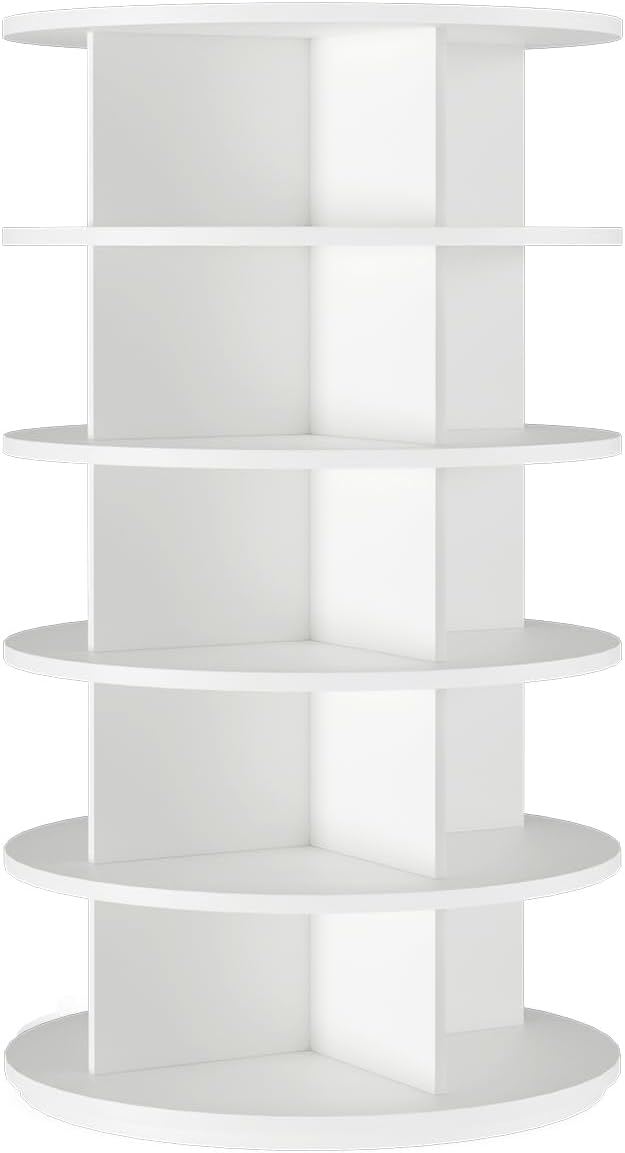 Rotating Shoe Rack 5 Tier Spinning Shoes Organizer Tower for 20-24 Pairs Lazy Susan 360 Revolving Shoe Storage Cabinet Rotate Shoe Handbag Rack Round Carousel for Closet, Bedroom (White)