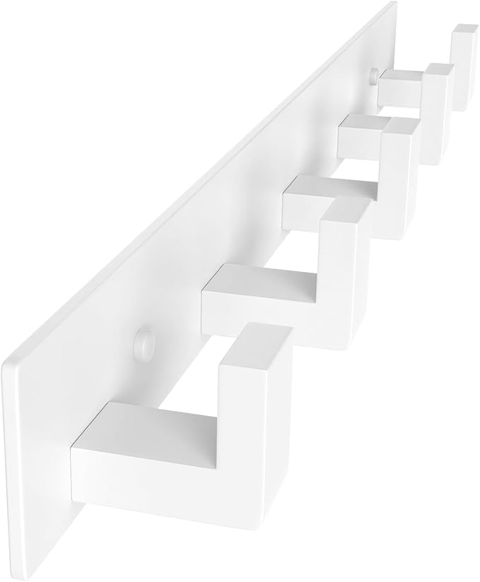 PMMASTO Stainless Steel Coat Rack Wall Mounted, Heavy Duty Metal Hook Rail for Hanging Coats Hats Towels Robes Bags, Modern Wall Hooks Organizer (White, 5 "L Hooks, 2 Pack)
