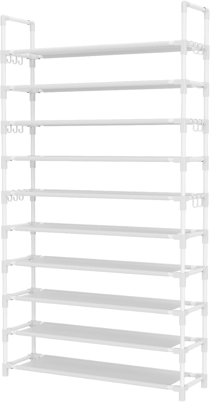 LANTEFUL Tall Shoe Rack 10 Tier Shoe Organizer Large Shoe Shelf with 18 Hooks Storage for 50 Pair Sneaker and Boot, Stackable Vertical Shoe Rack Organizer for Closet, Entryway, Bedroom, White