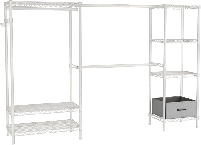 Golpart Heavy Duty Clothing Rack with Adjustable Shelves Clothes Wardrobe | Coat Rack Metal Closet Organizer and Storage Garment Rack for Hanging Clothes Wire Portable Cloth System Free Standing White