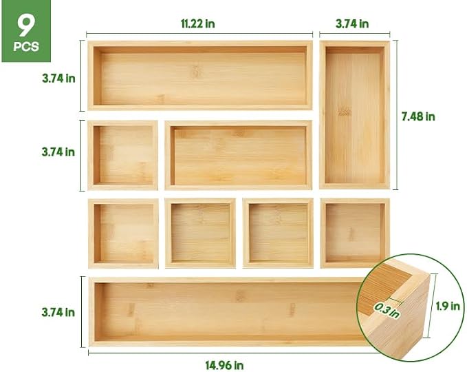 MapleGrace Bamboo Drawer Organizer Set, 9 PCS Wood Storage Organizers | Multi-Use Junk Drawer Divider, Storage Trays Containers for Kitchen, Bathroom, Office Desk, Makeup, Jewelry, Utensils