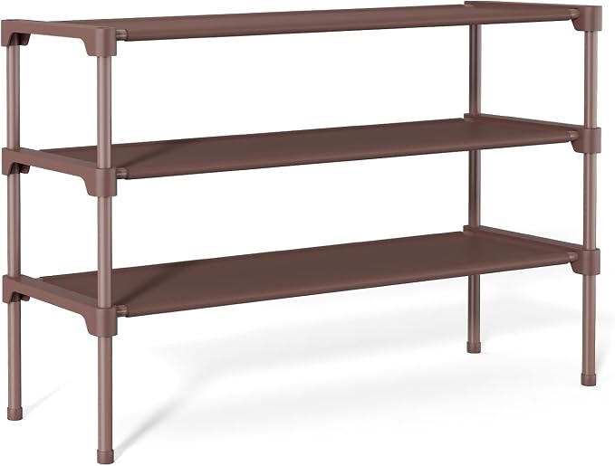 34" Widening Design Shoe Rack for Closet 16 Pairs Small Spaces Non-Woven 3 Tier Shoe Organizer Stackable Metal Shoe Shelf for Entryway, Bedroom Brown