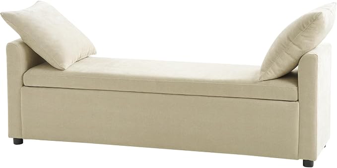HULALA HOME 59" Storage Bench with 2 Throw Pillows & Armrests, Beige | Modern Long Bedroom Bench for End of Bed, Comfy Upholstered Fabric Footstool for Entryway Living Room
