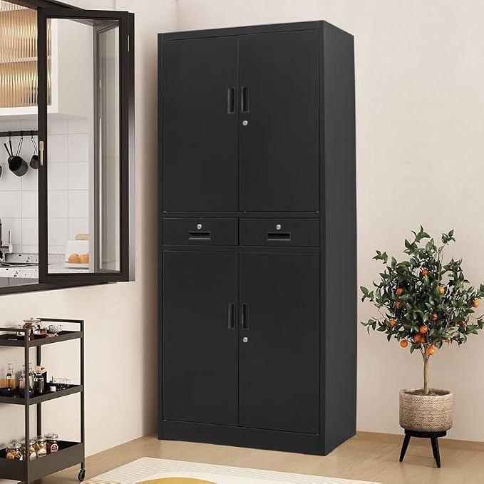 CJF Metal Storage Cabinet, 71" H Metal Cabinets with Adjustable Shelves and Drawers, Locking Storage Cabinet for Pantry, Office, Garage, Home, School, Utility (Black)