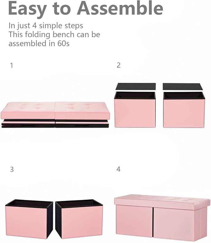 AmasSmile Footrest Ottoman Storage Bench, 34" Velvet Folding Stool, Pink | Large Ottoman with Storage, Thicker Foam Padded Seat, Livingroom, Dorm, Bedroom, Entryway, Easy to install, 34 x 13 x 13in