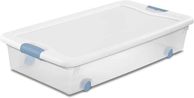 Sterilite 8-Pack Wheeled Latching Box, Plastic Under Bed Storage Bins with Lids, 56 Quart - Large Clear Stackable Tote Organizer Containers for Closet, Bedroom, Bathroom, and Office Organization