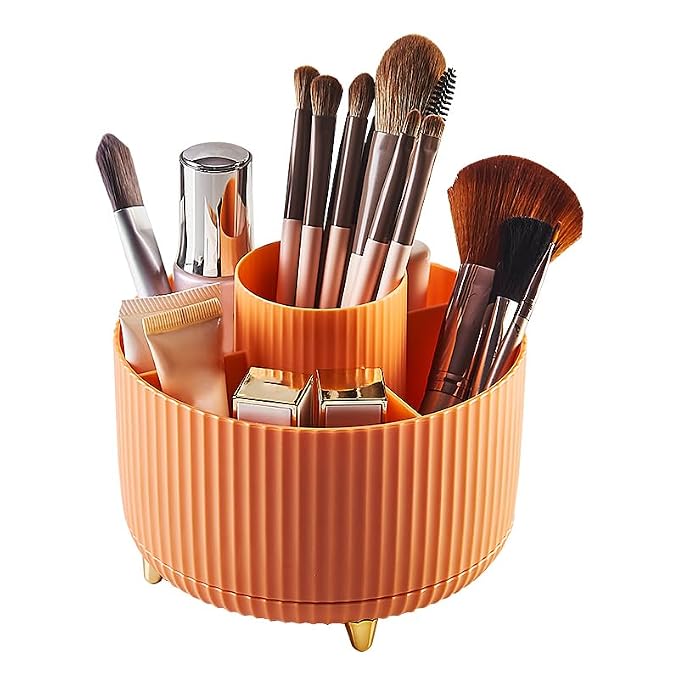 Diesisa 360 Rotating Makeup Brush Organizer With 5 Sections, Spining Countertop Swivel Makeup Brush Holder for Cosmetics, Nail Polish, Art Supply, Bathroom Vanity Desktop Organizer - Orange