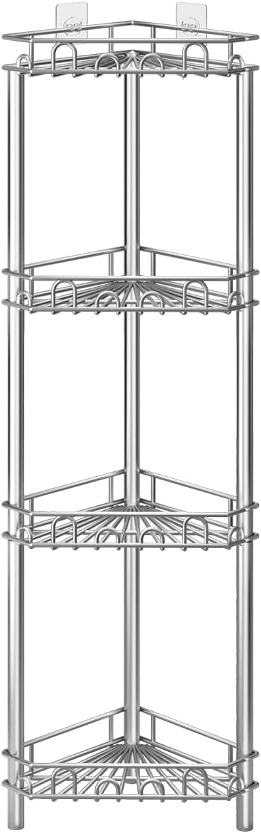 SWTYMIKI Standing Shower Caddy Corner - 4‑Tier Stainless Steel Shower Organizer Shelf with 12 Hooks and Adhesive Pads, Rustproof Corner Shelves Stand Rack for Bathroom Shower Room, Silver