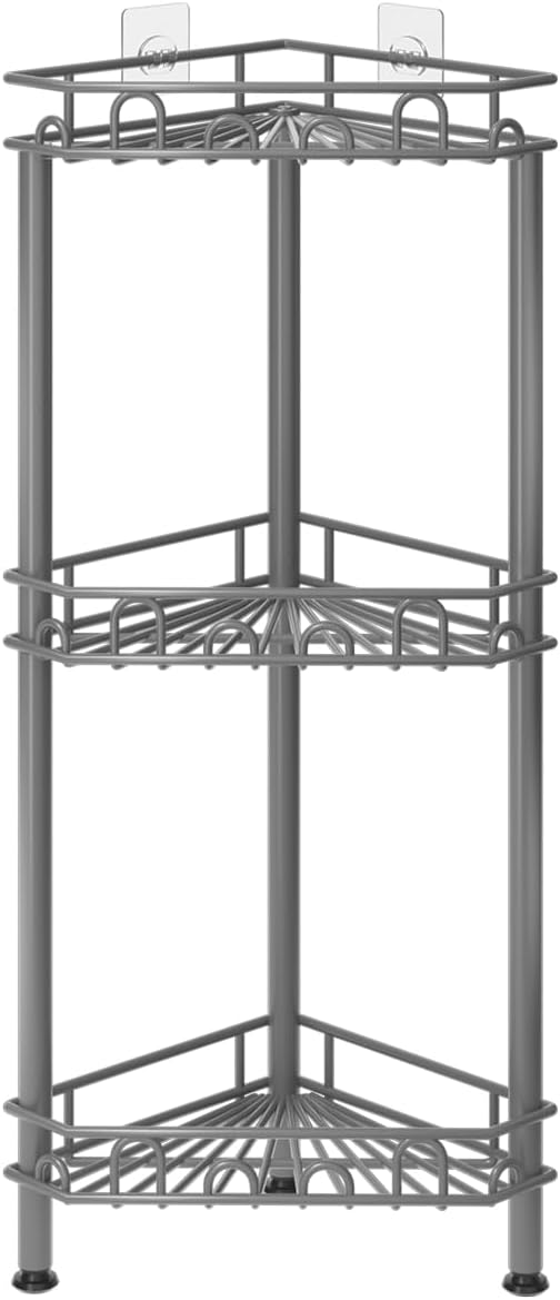 SWTYMIKI Standing Shower Caddy Corner - 3‑Tier Stainless Steel Shower Organizer Shelf with 12 Hooks and Adhesive Pads, Rustproof Corner Shelves Stand Rack for Bathroom Shower Room, Gray