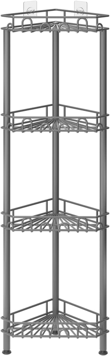 SWTYMIKI Standing Shower Caddy Corner - 4‑Tier Stainless Steel Shower Organizer Shelf with 12 Hooks and Adhesive Pads, Rustproof Corner Shelves Stand Rack for Bathroom Shower Room, Gray