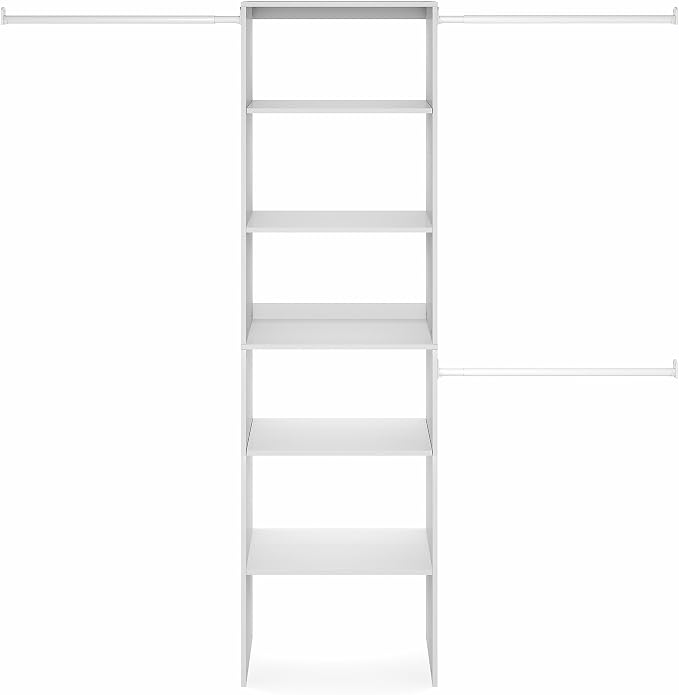 Furinno FANO Closet Organizers and Storage, 5-Tier Wide Closet Storage Organizer with 3 Hanging Bars and Adjustable Shelf, Wardrobe Closet Shelf Tower, 14.8 x 23.6 x 82.1 for Bedroom, White