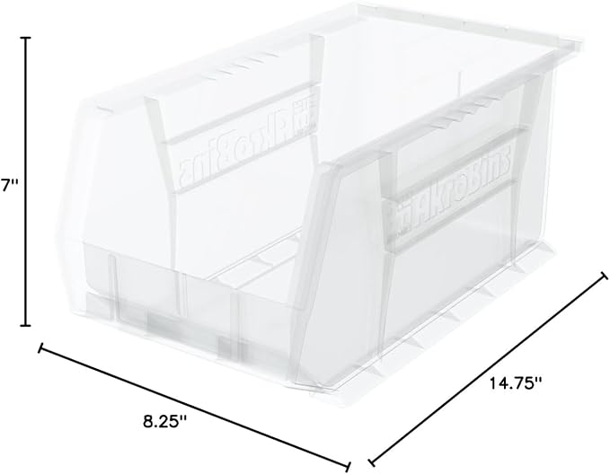 Akro-Mils 30240 AkroBins Plastic Storage Bins, 15"x8"x7", Clear, 12-Pack | Space-Saving Stackable Bins for Garage, Pantry, Craft Organization