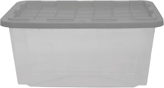 CX 27-Gallon Heavy Duty Clear Stackable Storage Bins with Lids, 2 Pack | Clear plastic totes for garage organization, Stackable, weather-resistant, snap lids, 14.3H x 20.6W x 30.6D, Clear/gray