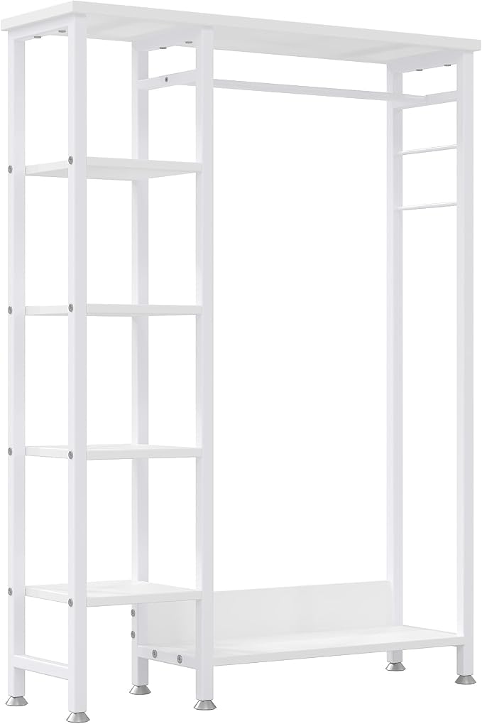 VECELO Open Garment Clothing Rack, Free-Standing Heavy Duty Storage Closet with 5 Shelves and Hanging Rod for Small Spaces, Max Load 350LBS, White