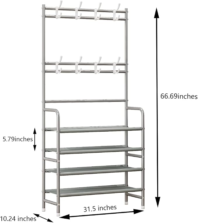 Coat Rack Shoe Rack With Storage Hooks Standing Organizer 4 Tier | Metal Freestanding Hall Tree for Clothes Hats bag Scarves Space Saving Design for Entryway Bedroom living Closet Office,Grey