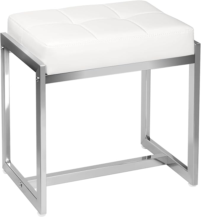 Vanity Stool Chair, Modern PU Leather Ottoman Foot Rest for Vanity Bench with Silver Metal Legs, Multifunctional Chairs for Makeup, Bedroom, Living Room, Small Makeup Stools White&Silver