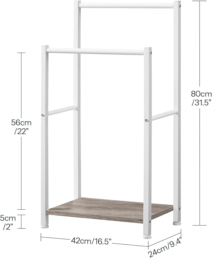HOOBRO Free Standing Towel Rack for Bathroom, 2 Tier Blanket Rack, 16.5" L x 9.4" W x 31.5" H, Blanket Holder, Drying and Display Rack with Shelf, White and Grey WG02LB01