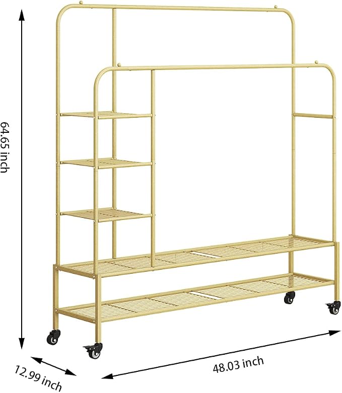 SUOERNUO Clothes Rack with Lockable Wheels Double Rods Metal Garment Racks | Portable Heavy-Duty Clothing Rack with Bottom, Rolling Clothes Shelves for Bedroom Laundry Living Room, Gold