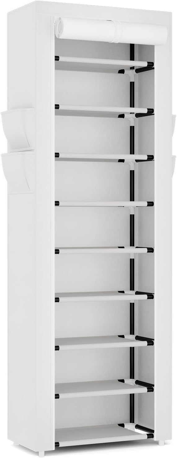 VILICK Shoe Rack with Cover Narrow Shoe Rack Organizer with 4 Side Pockets 10 Tier Tall Shoe Storage Shoe Shelf Holds 18-22 Pairs Shoes and Boots Shoe Rack for Closet, Printing