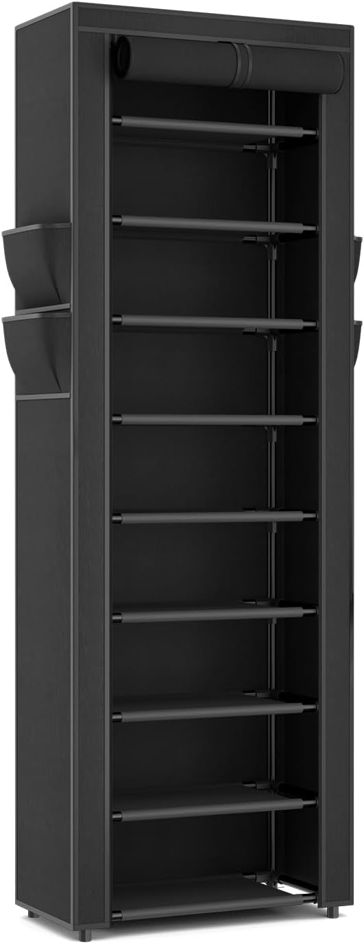 LANTEFUL Narrow Shoe Rack with Cover 10 Tier Tall Shoe Rack Organizer Large Capacity Shoe Shelf Storage 18-22 Pairs Space Saving Free Standing Shoe Storage Organizer for Closet, Entryway, Dorm, Black