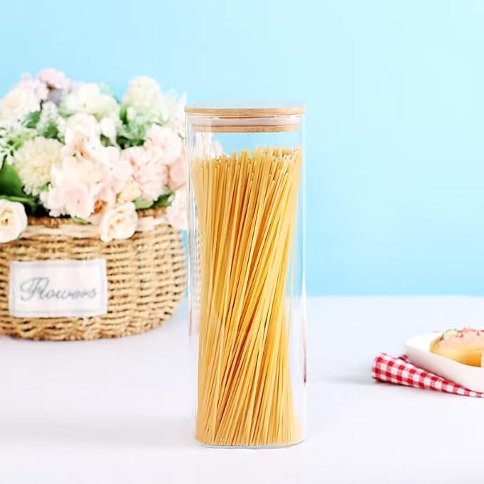 CZZGSM 3 Pack Square Kitchen Storage Jars with Airtight Bamboo Lids and 132 Pantry Labels - 80oz Glass Canisters with Wood Lids - Food Storage Containers for Spaghetti, Pasta, Fettuccine