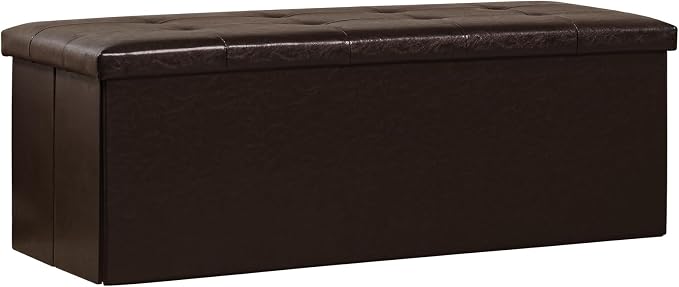 PINPLUS Folding Storage Ottoman Bench, Brown Faux Leather Long Storage Chest Footstool Seat, Bench for Bedroom and Hallway, 43.3"x15.7"x15.7"