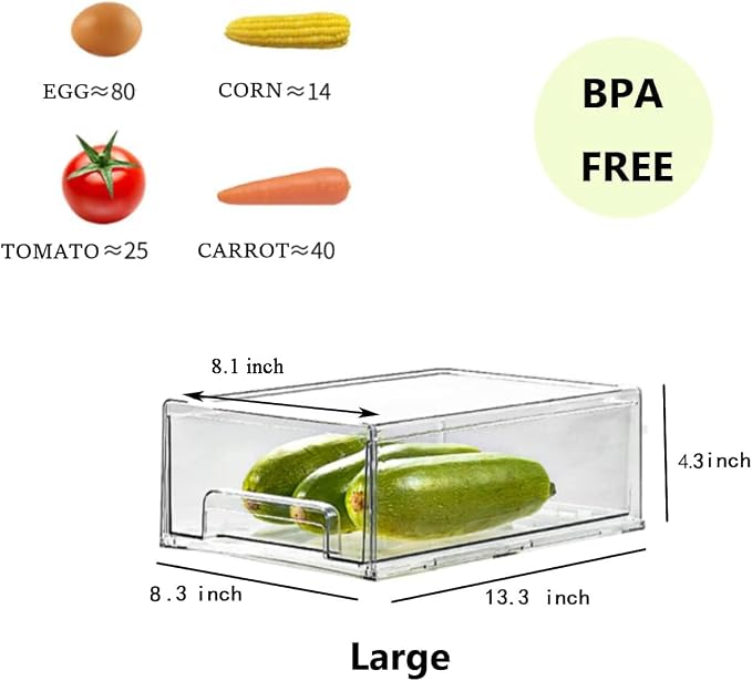 Mano 2Pack Clear Fridge Drawers Pull Out Stackable Refrigerator Drawer Organizer Bins Pantry Storage Box Plastic Food Containers for Kitchen Bathroom Office Closet (2pack-Large)