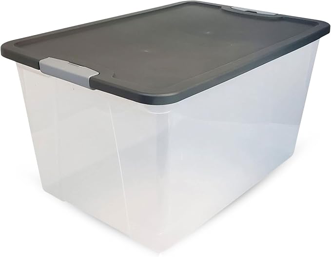 HOMZ 4-Pack Secure Latch, Clear Plastic Storage Organizer Bins, 64 Quart, Gray Lid - Stackable Container Boxes for Bedroom, Bathroom, Garage, and Office Organization
