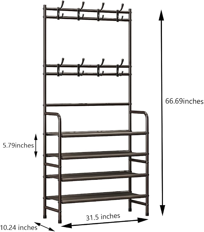 Coat Rack Shoe Rack With Storage Hooks Standing Organizer 4 Tier | Metal Freestanding Hall Tree for Clothes Hats bag Scarves Space Saving Design for Entryway Bedroom living Closet Office,Brown