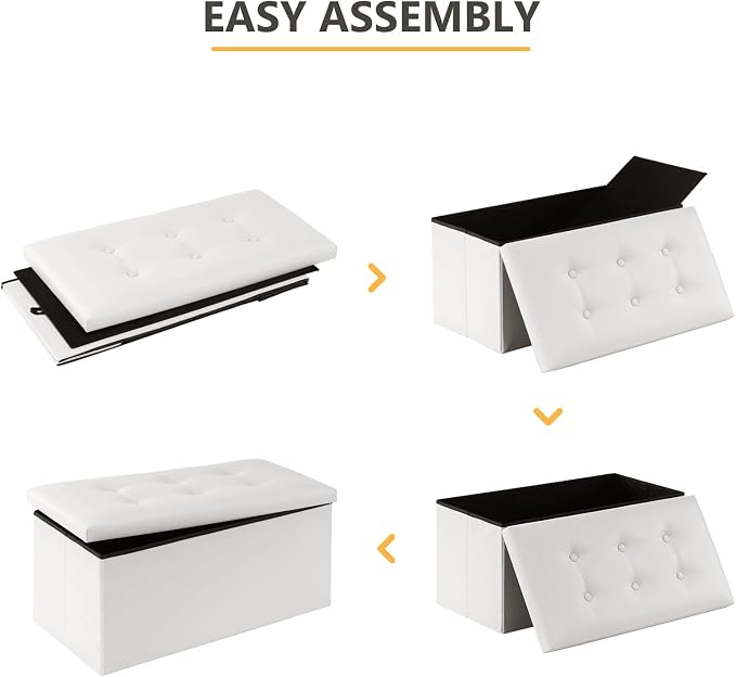 Youdesure White Folding Storage Ottoman Bench, Faux Leather Footrest for Living Room, Ottoman with Storage Padded Seat for Bedroom, Holds up to 350lbs