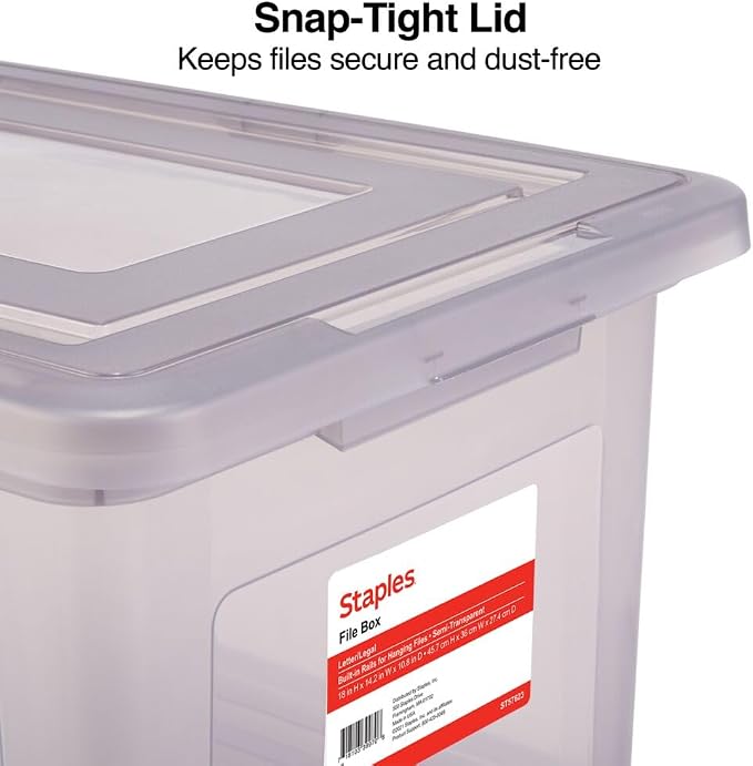 STAPLES File Box Plastic File Box Snap, Letter/Legal Size, Frost Gray, 4/Carton
