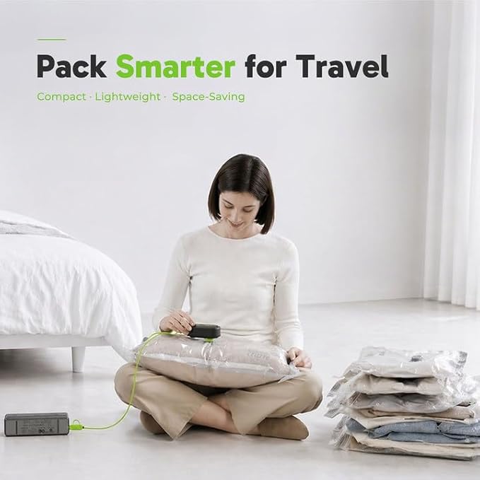 Vacbird Travel Vacuum Bags with USB Electric Pump, 12 Pack Vacuum Bags for Travel, Compression Vacuum Packing Bags for Luggage & Suitcase, Space Saving Travel Bags for Clothes and Clothing,Carry-On