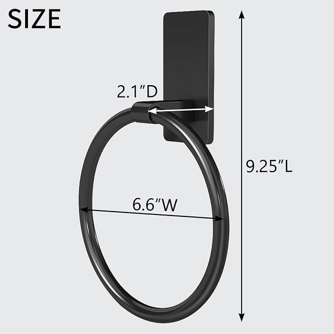 STWWO Hand Towel Holder for Bathroom, Adhesive Round Towel Ring, Black | for Bath RV Kitchen, Self Adhesive No Drill Hole, Easy to Install