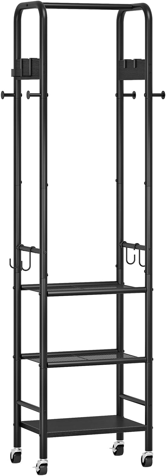 Coat Rack, Freestanding Coat Rack with 3 Shelves, Rolling Garment Rack with Wheels and Hooks, Coat Hanger Stand, Clothes Rack, Hanging Rod, for Entryway, Bedroom, Living Room, Black TYM17BB