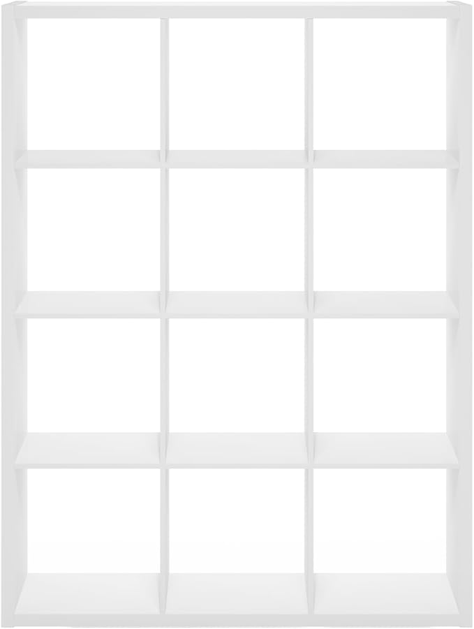 Furinno Cubicle Book Shelf, 12-Cube Bookshelf, Extra Thick Frame Reversible Bookcase with Open Back, 14.6" x 44" x 58", for Living Room, Bedroom, Home Office, White