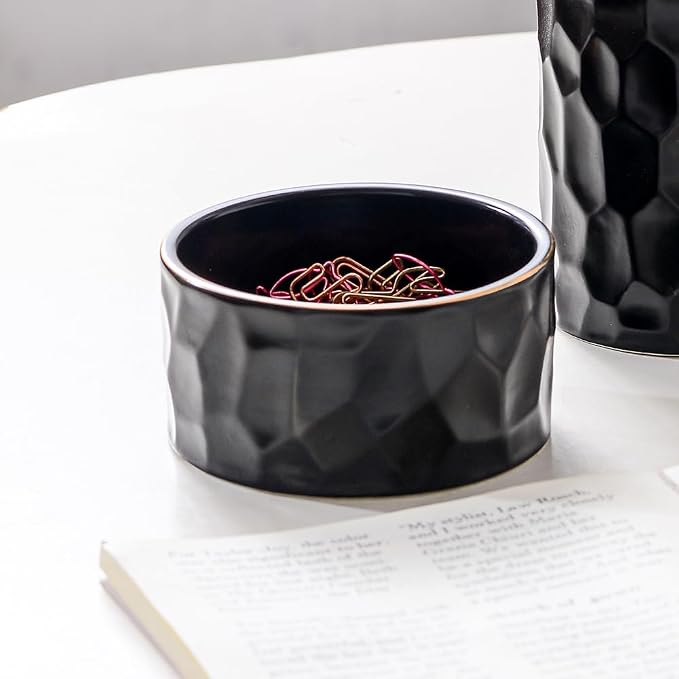 Aesthetic Desk Organizer Set of 2 For Office, Ceramic Pen Holder and Paper Clip Holder Dispenser, Cute Pencil Cup Pot for Desk, Desktop Accessories For Women Men, Office Decor Ideal Gifts (Black Set)