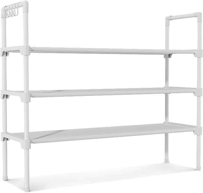 LANTEFUL 3 Tier Shoe Rack for Closet, Shoe Organizer with 5 Hooks, Long Shoe Shelf Storage for Shoe and Boot Stackable Free Standing Shoe Rack for Entryway, Garage, Small Spaces, Dorm, White