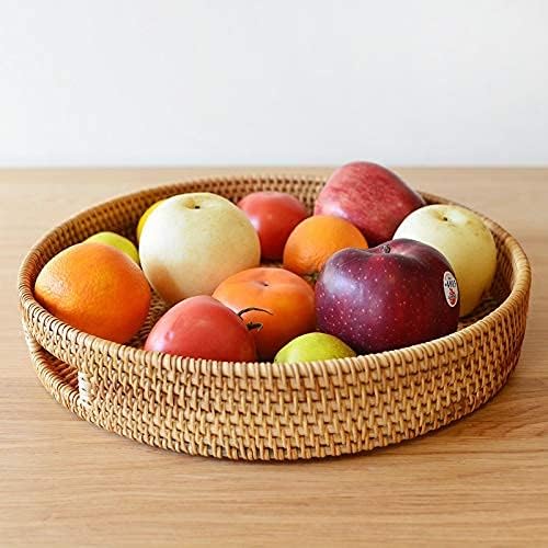 Round Rattan Serving Tray Decorative Woven Ottoman Trays with Handles for Coffee Table Natural (Small 11.8 inch x 2 inch)