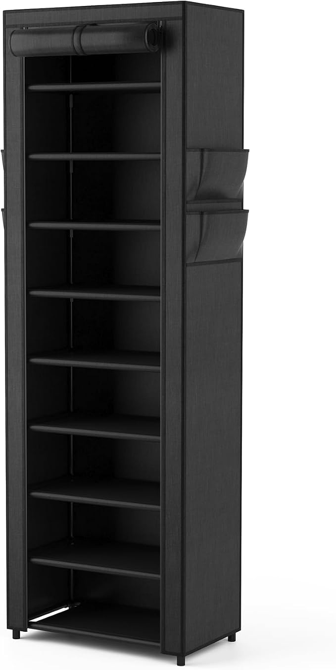 VILICK Shoe Rack with Cover Narrow Shoe Organizer with 4 Side Pockets 10 Tier Tall Shoe Storage Holds 18-22 Pairs Shoes and Boots Shoe Rack for Closet Entryway Garage